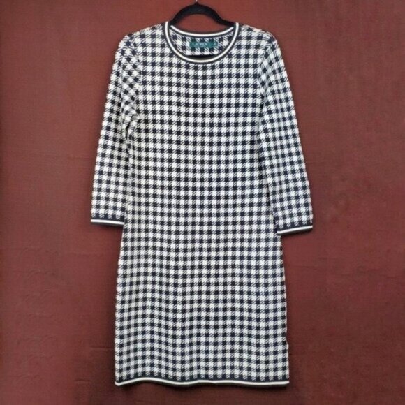 Lauren Ralph Lauren Womens Ivory Black Checkered Plaid Knit Sweater Dress Size M - Picture 4 of 9